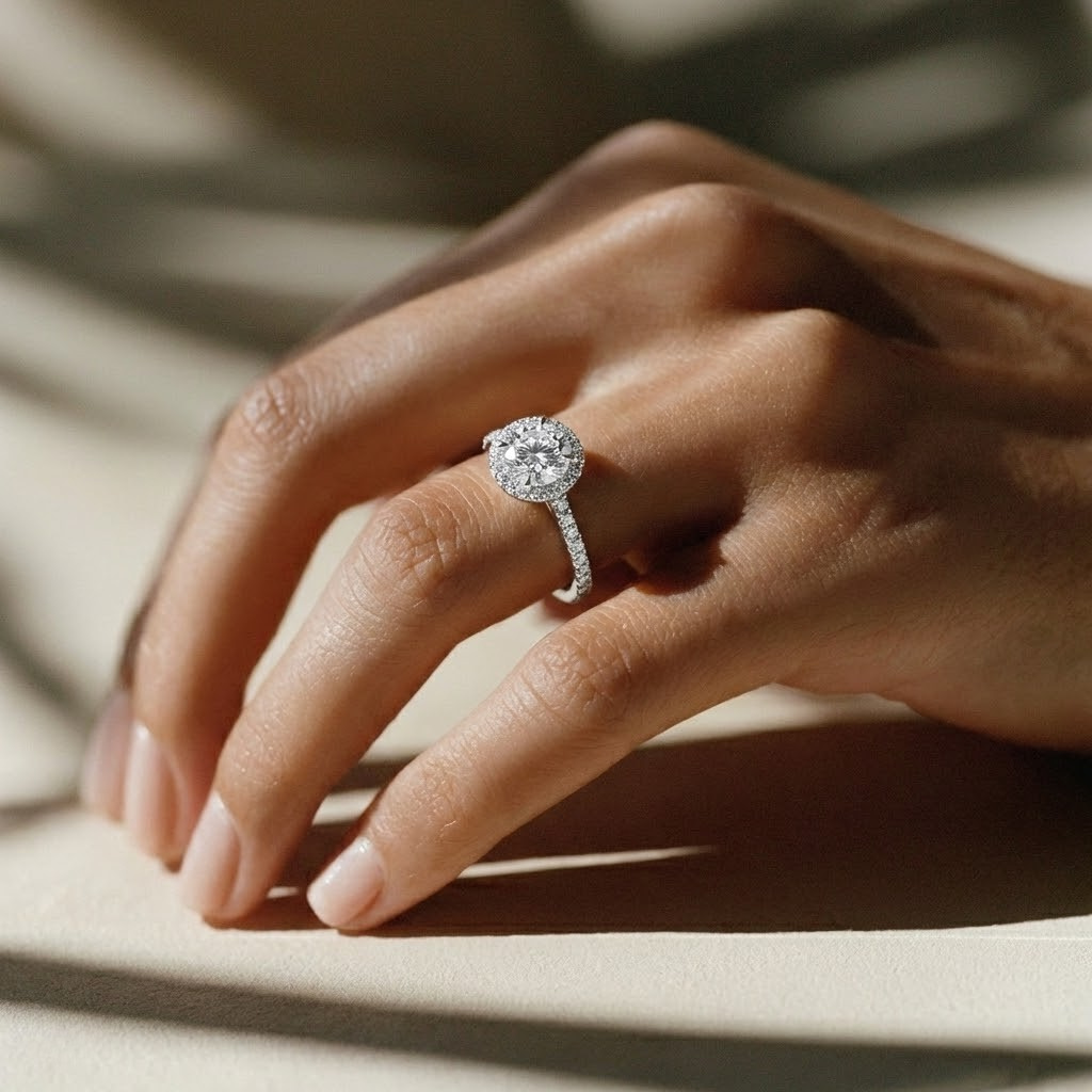 Round cut lab grown diamond engagement ring in 18K WG, set in a halo of pave diamonds and finished with a 3/4 pave band - The Jewel Concierge