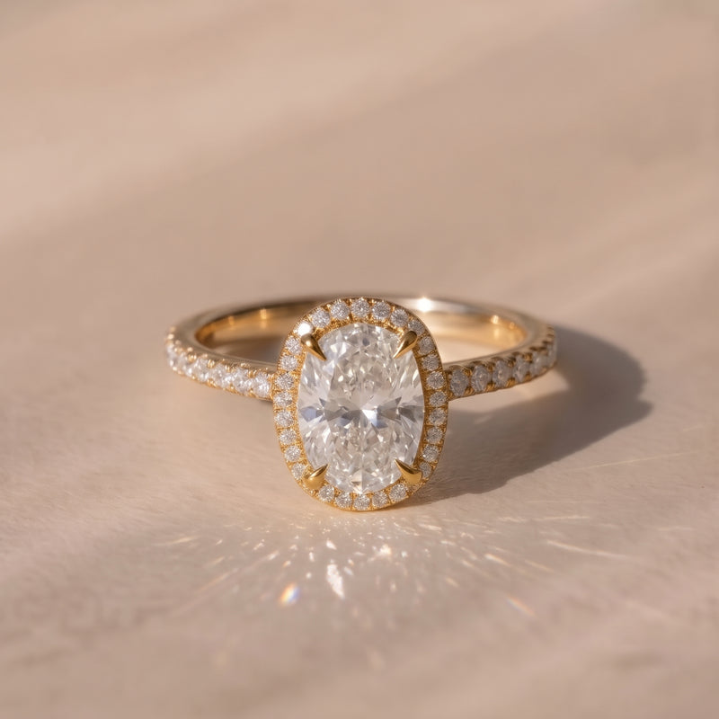 The Orion Ring — Elongated Cushion Halo with Pavé Band Lab-Grown Diamond Engagement Ring in Yellow Gold | The Jewel Concierge