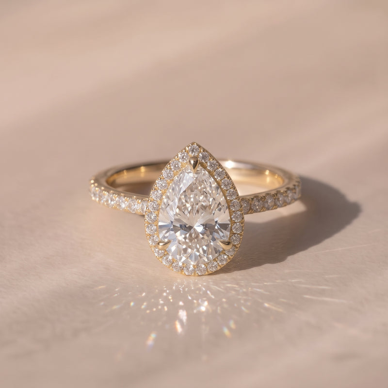 The Orion Ring — Pear Halo with Pavé Band Lab-Grown Diamond Engagement Ring in Yellow Gold | The Jewel Concierge