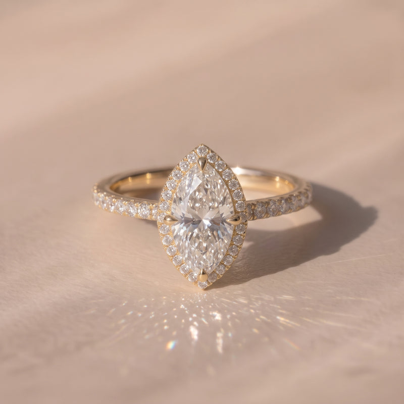 The Orion Ring — Marquise Halo with Pavé Band Lab-Grown Diamond Engagement Ring in Yellow Gold | The Jewel Concierge