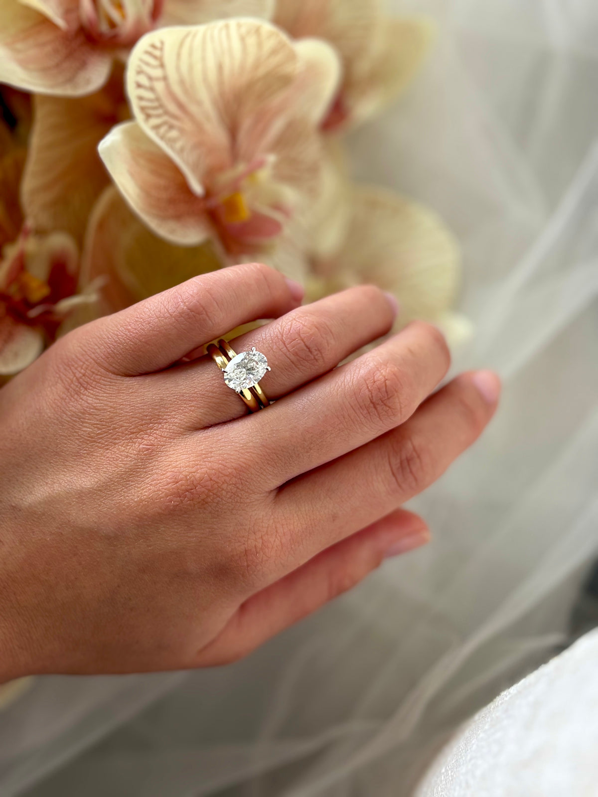 Hand wearing a gold ring with a diamond, set against a soft-focus background of flowers.