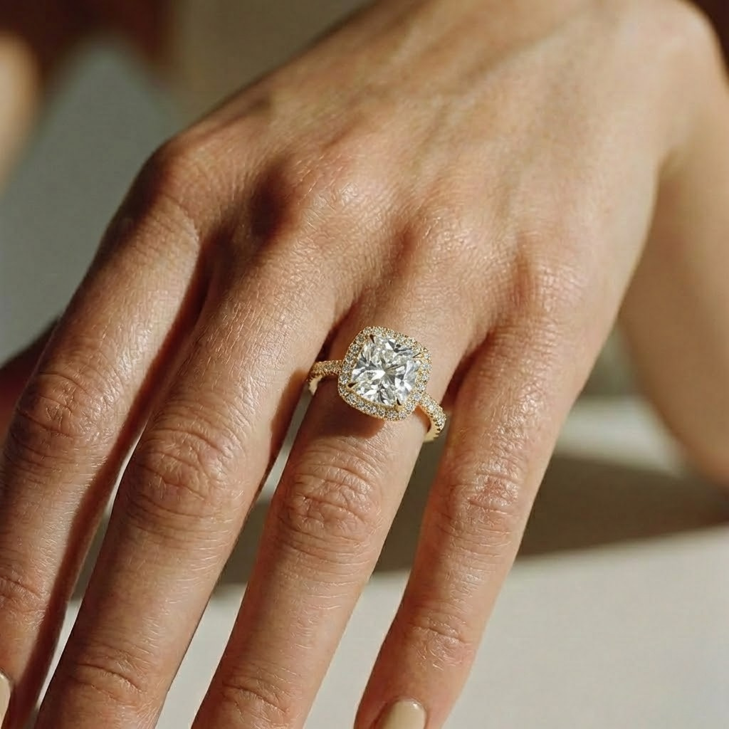 The Phoenix Ring – Cushion Solitaire with Hidden Halo & Pavé Band in 14K White Gold – The Jewel Concierge