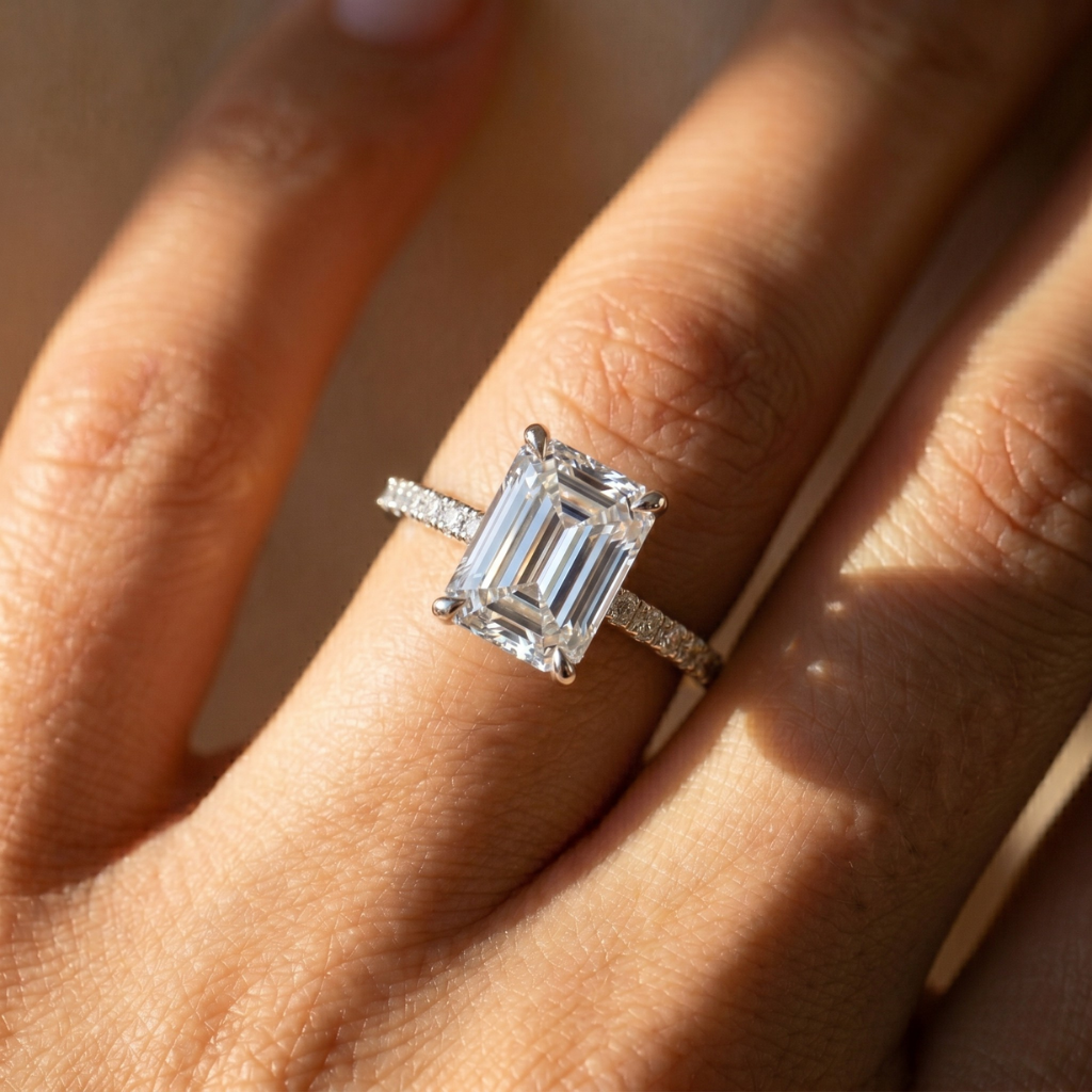 The Phoenix Ring – Emerald Solitaire with Hidden Halo & Pavé Band in 18K White Gold and Rose Gold – The Jewel Concierge