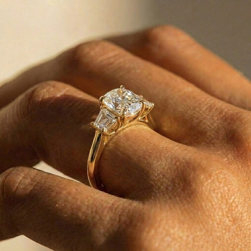 The Selene Ring – Cushion & Trapezoid Trilogy in 14K White Gold – The Jewel Concierge