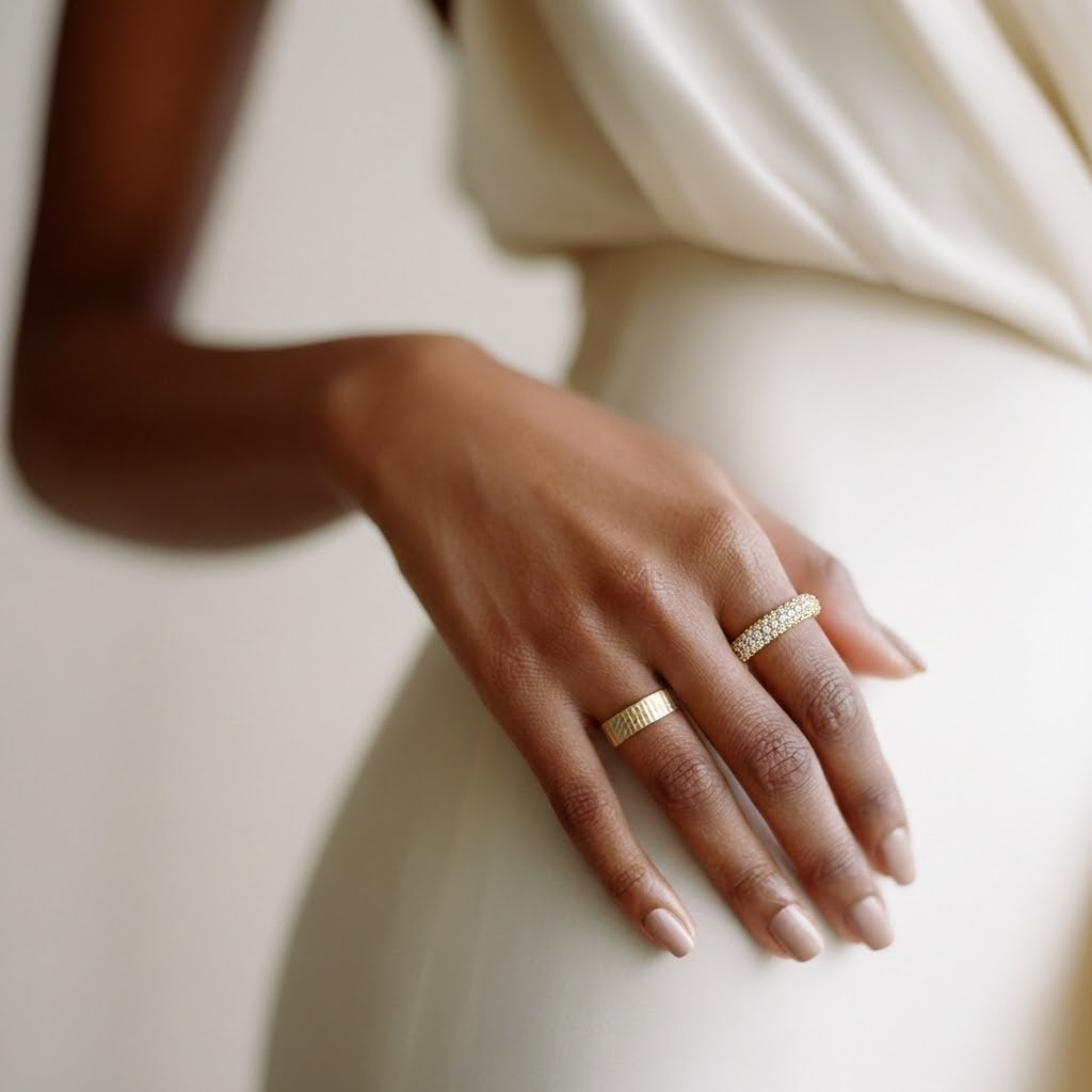 Model wearing s silk whire dress, showacasing a pave set fine ring crafted in 18K yellow gold, along with a fluted design ring in 18K yellow gold | The Jewel Concierge