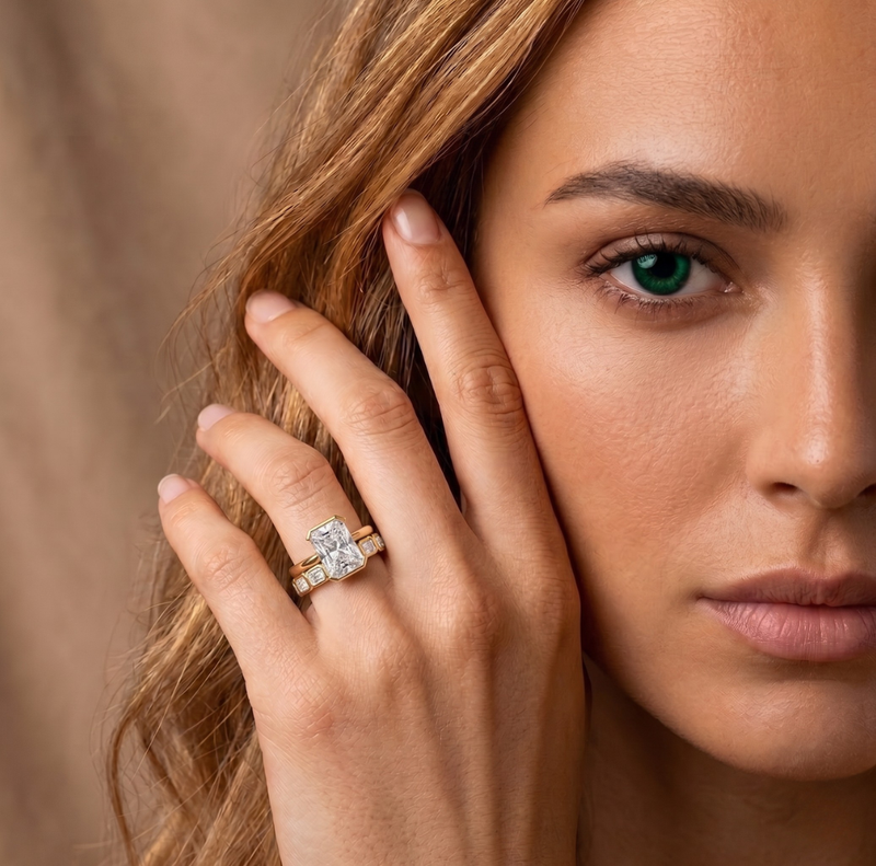 The Sara Ring - East West Emerald Bezel Set Half Eternity Band