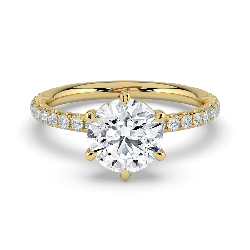 The Astra Ring – 6 Claw Round Solitaire with Pavé Band in 14K Yellow Gold – The Jewel Concierge