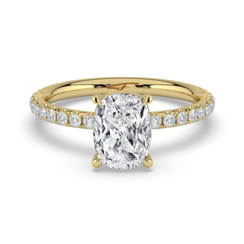 The Astra Ring — Elongated Cushion Solitaire with Pavé Band Lab-Grown Diamond Engagement Ring in Yellow Gold | The Jewel Concierge
