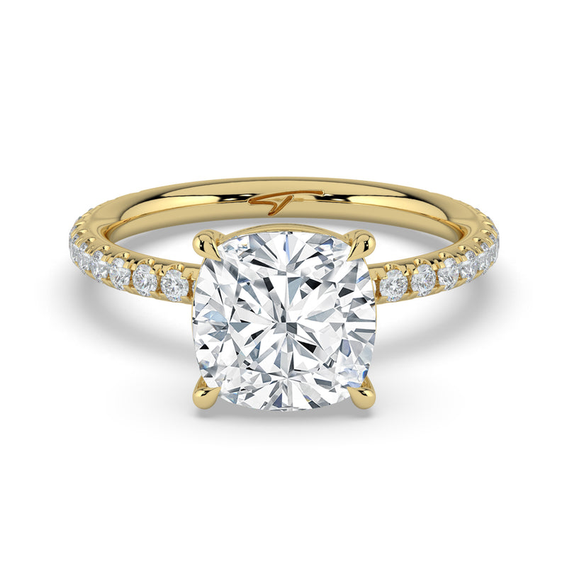 The Astra Ring – Cushion Solitaire with Pavé Band in 14K Yellow Gold – The Jewel Concierge