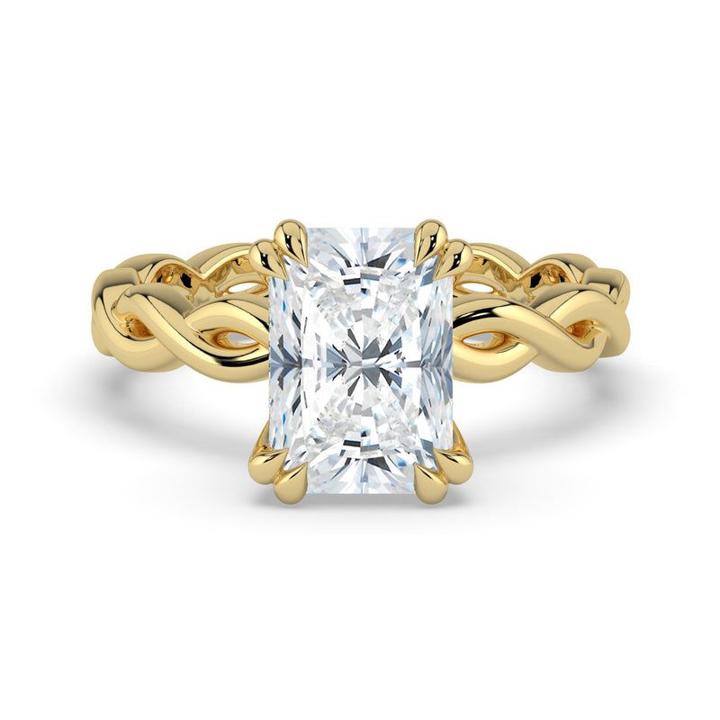 The Elysande Ring – Radiant Solitaire with Braided Band in 14K Yellow Gold – The Jewel Concierge