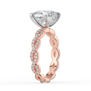 The Elysande Ring – Cushion Solitaire with Braided Pavé Band in 18K White Gold and Rose Gold – The Jewel Concierge