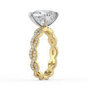 The Elysande Ring – Cushion Solitaire with Braided Pavé Band in 18K White Gold and Yellow Gold – The Jewel Concierge