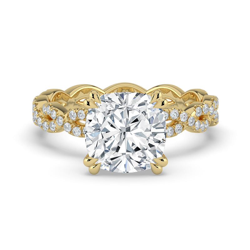 The Elysande Ring – Cushion Solitaire with Braided Pavé Band in 14K Yellow Gold – The Jewel Concierge