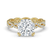 The Elysande Ring – Cushion Solitaire with Braided Pavé Band in 14K Yellow Gold – The Jewel Concierge