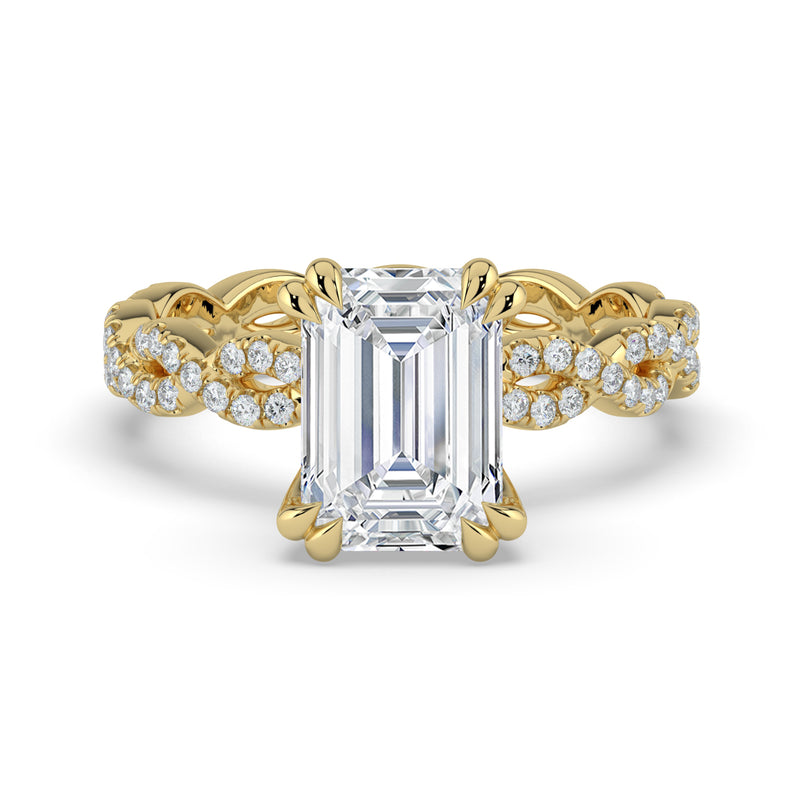 The Elysande Ring – Emerald Solitaire with Braided Pavé Band in 14K Yellow Gold – The Jewel Concierge