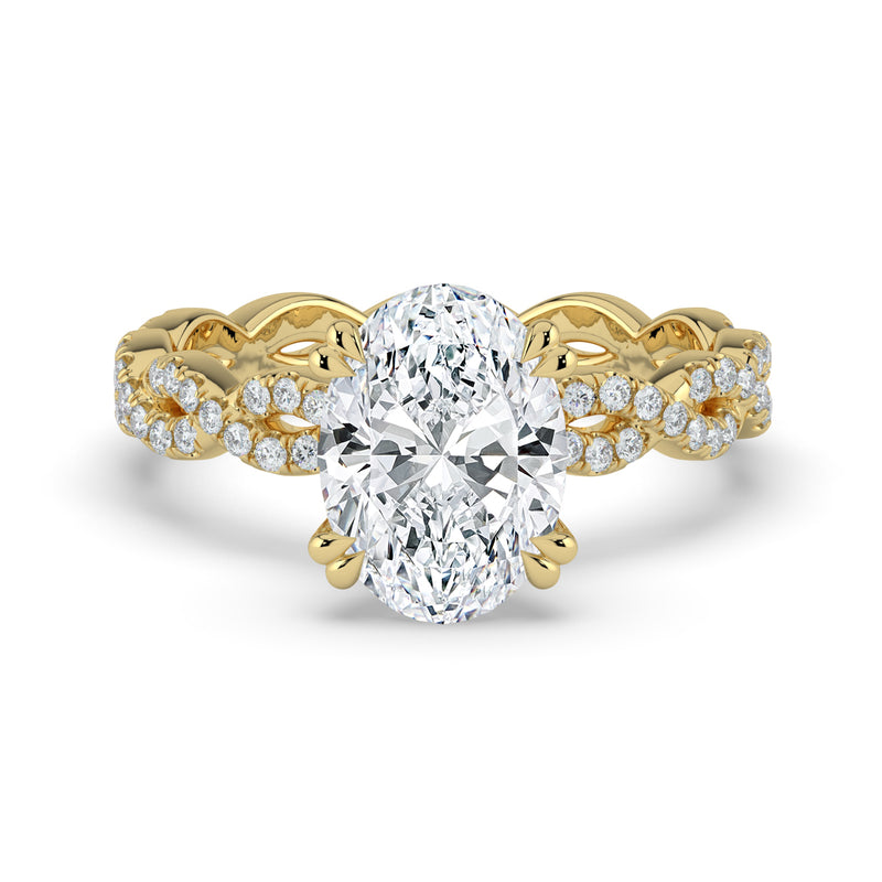 The Elysande Ring – Oval Solitaire with Braided Pavé Band in 14K Yellow Gold – The Jewel Concierge