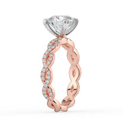 The Elysande Ring – Round Solitaire with Braided Pavé Band in 18K White Gold and Rose Gold – The Jewel Concierge