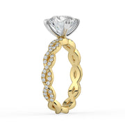 The Elysande Ring – Round Solitaire with Braided Pavé Band in 18K White Gold and Yellow Gold – The Jewel Concierge