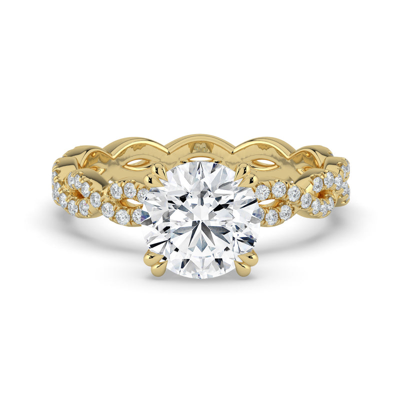 The Elysande Ring – Round Solitaire with Braided Pavé Band in 14K Yellow Gold – The Jewel Concierge