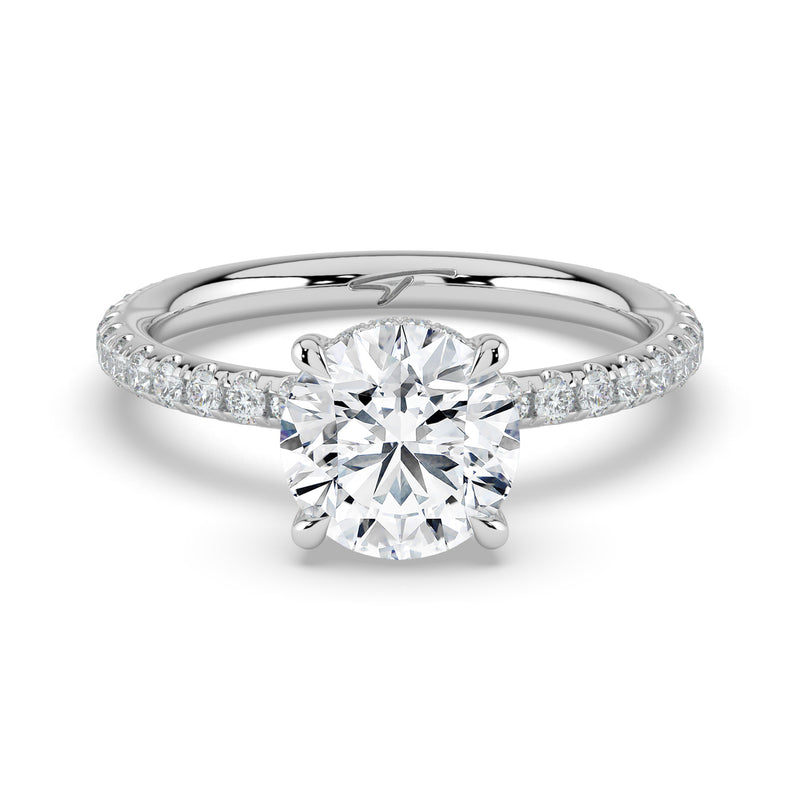 The Phoenix Ring – 4 Claw Round Solitaire with Hidden Halo & Pavé Band in Platinum – The Jewel Concierge