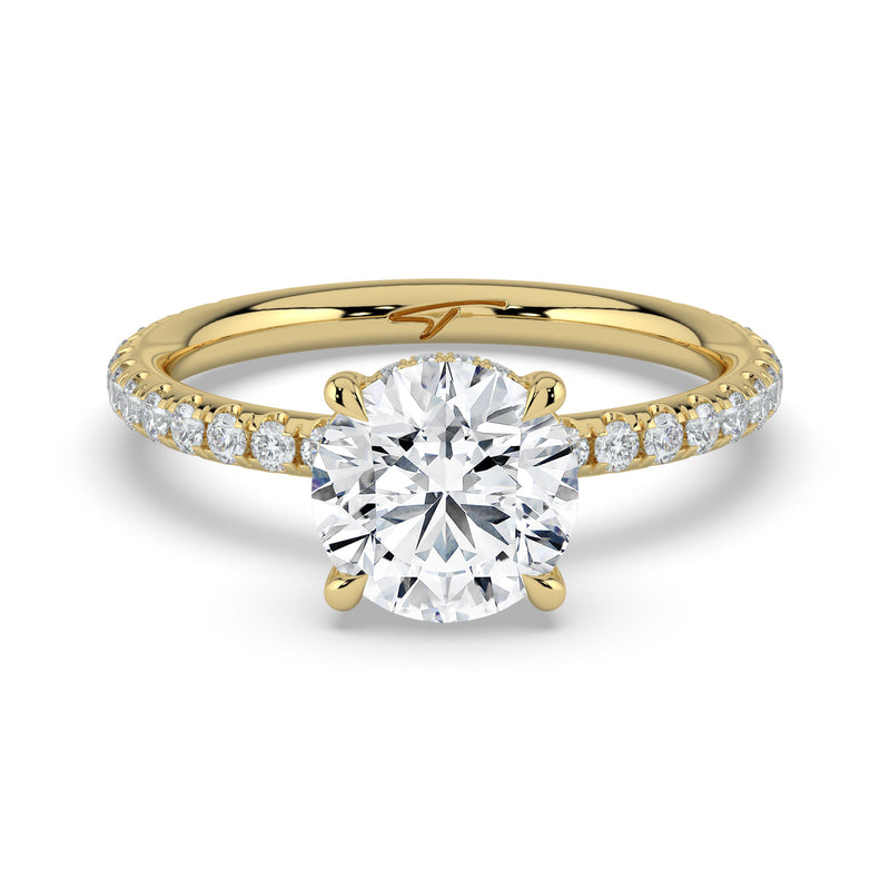 The Phoenix Ring — 4 Claw Round Solitaire with Hidden Halo & Pavé Band Lab-Grown Diamond Engagement Ring in Yellow Gold | The Jewel Concierge