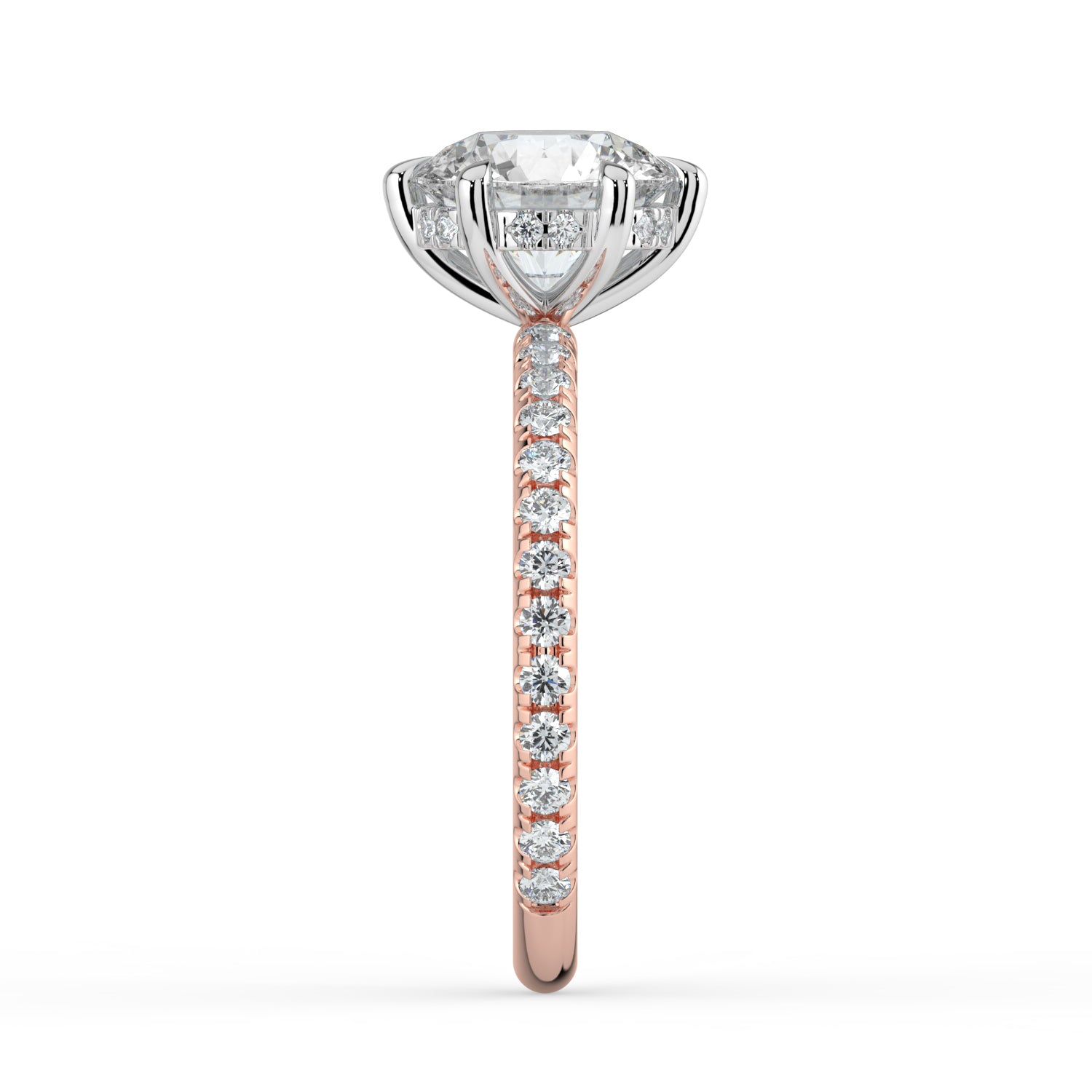 The Phoenix Ring - 6 Claw Round Solitaire with Hidden Halo & Pavé Band