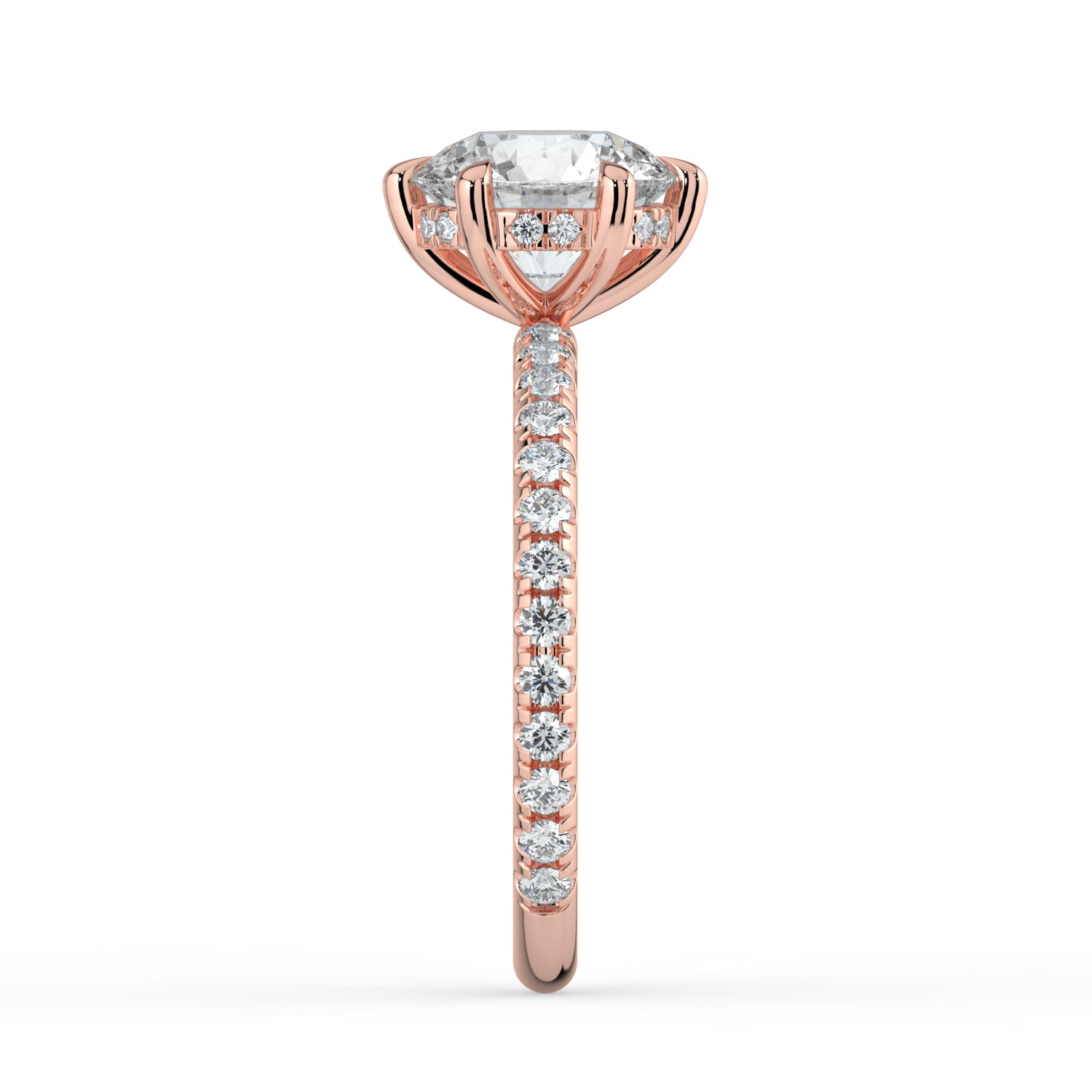 The Phoenix Ring - 6 Claw Round Solitaire with Hidden Halo & Pavé Band
