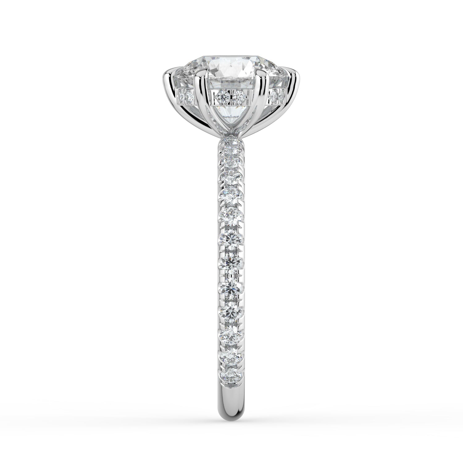 The Phoenix Ring - 6 Claw Round Solitaire with Hidden Halo & Pavé Band