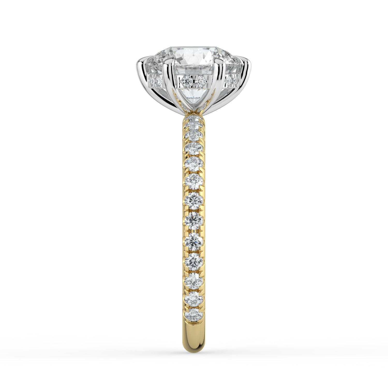 The Phoenix Ring - 6 Claw Round Solitaire with Hidden Halo & Pavé Band