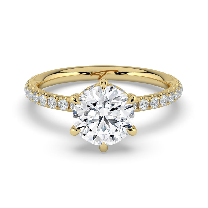 The Phoenix Ring – 6 Claw Round Solitaire with Hidden Halo & Pavé Band in 14K Yellow Gold – The Jewel Concierge