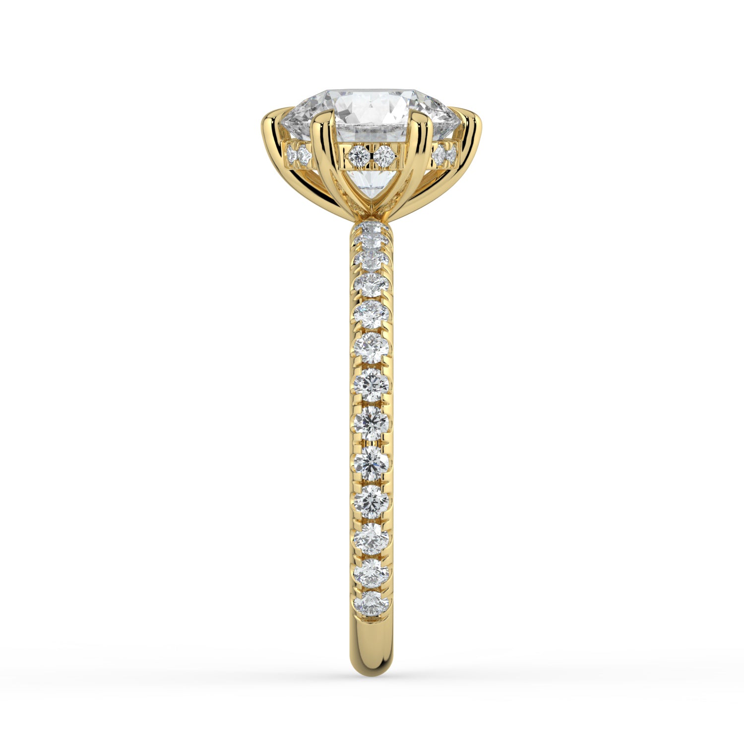 The Phoenix Ring - 6 Claw Round Solitaire with Hidden Halo & Pavé Band