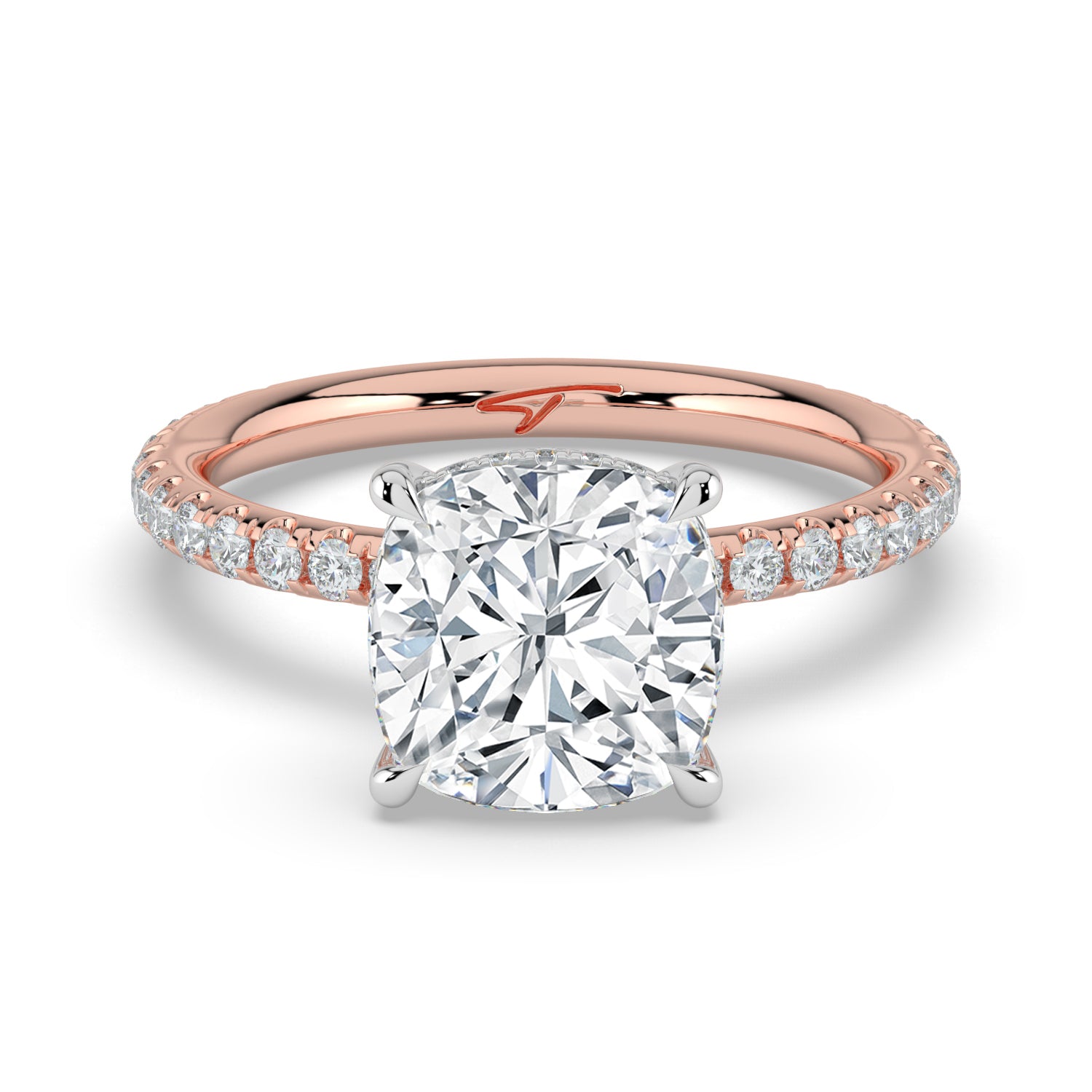 The Phoenix Ring - Cushion Solitaire with Hidden Halo & Pavé Band
