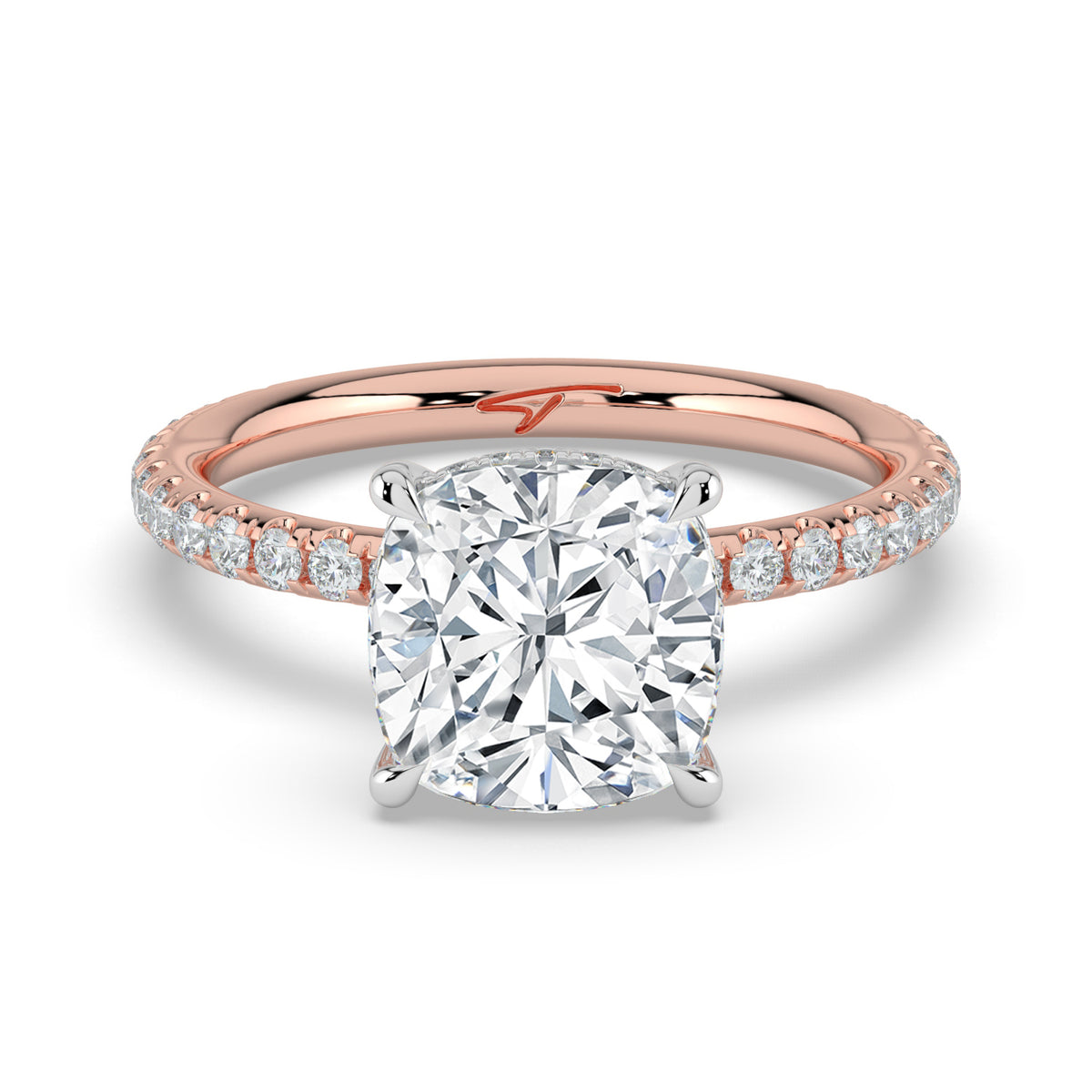 The Phoenix Ring — Cushion Solitaire with Hidden Halo & Pavé Band Lab-Grown Diamond Engagement Ring in Two-Tone Rose and White Gold | The Jewel Concierge