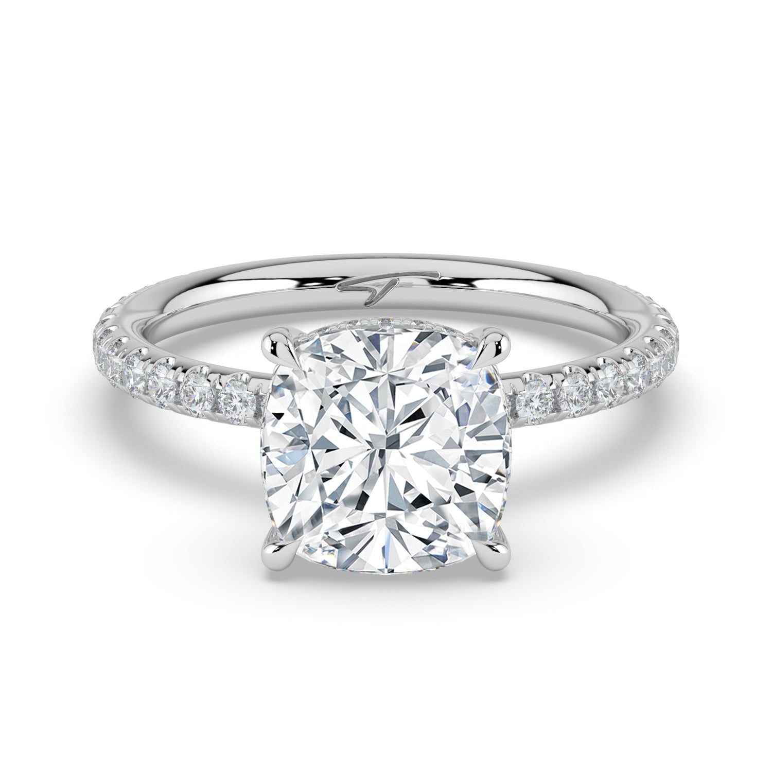 The Phoenix Ring - Cushion Solitaire with Hidden Halo & Pavé Band
