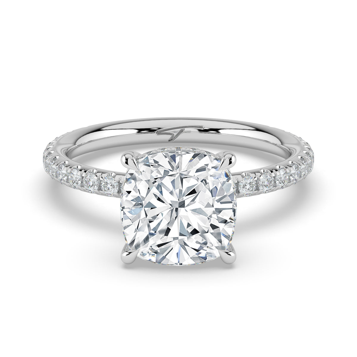 The Phoenix Ring — Cushion Solitaire with Hidden Halo & Pavé Band Lab-Grown Diamond Engagement Ring in White Gold | The Jewel Concierge