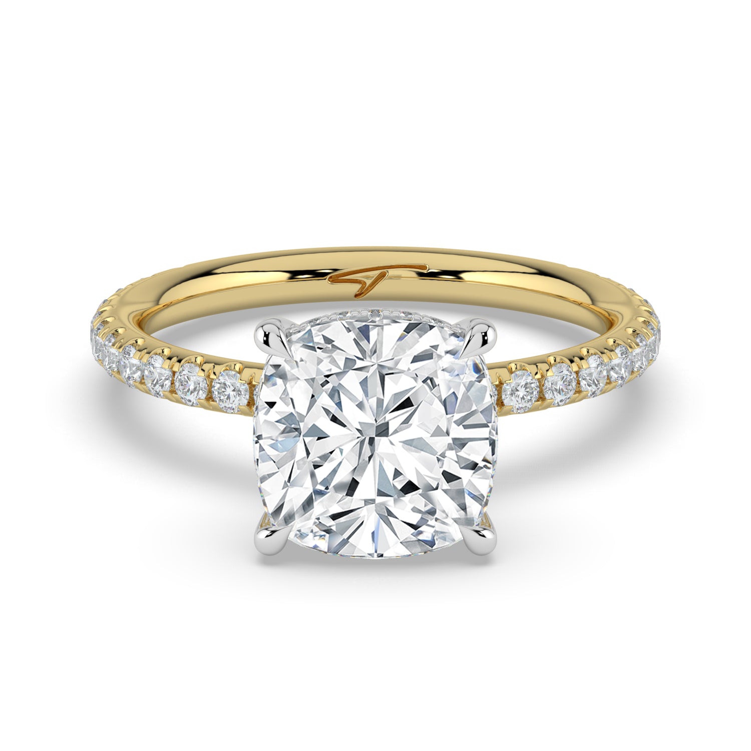 The Phoenix Ring - Cushion Solitaire with Hidden Halo & Pavé Band
