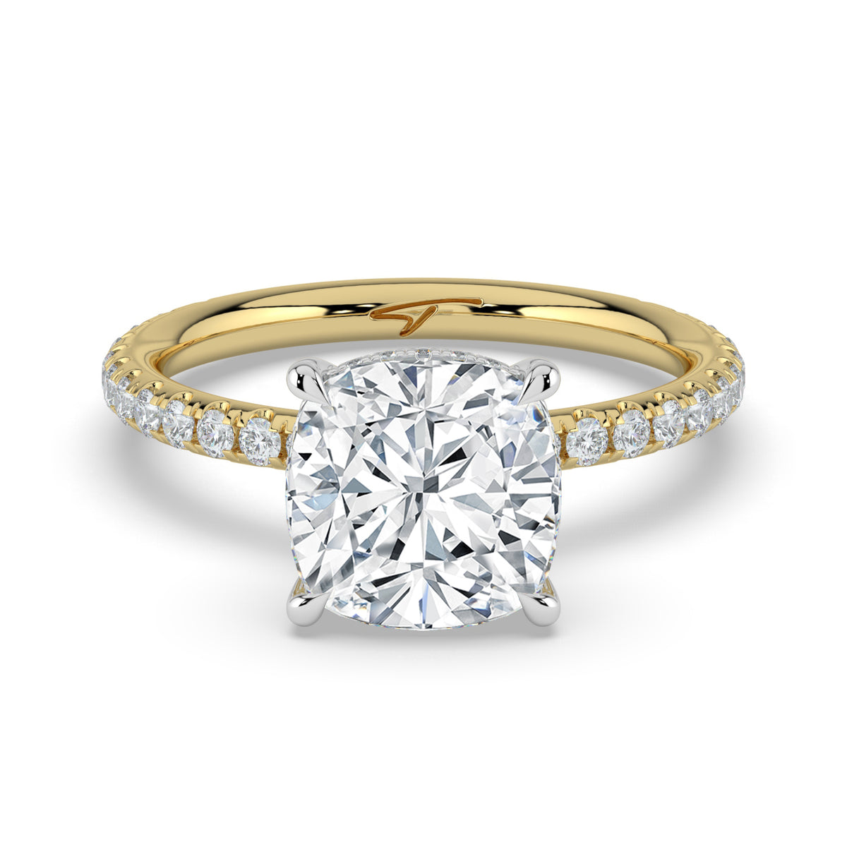 The Phoenix Ring — Cushion Solitaire with Hidden Halo & Pavé Band Lab-Grown Diamond Engagement Ring in Two-Tone Yellow and White Gold | The Jewel Concierge
