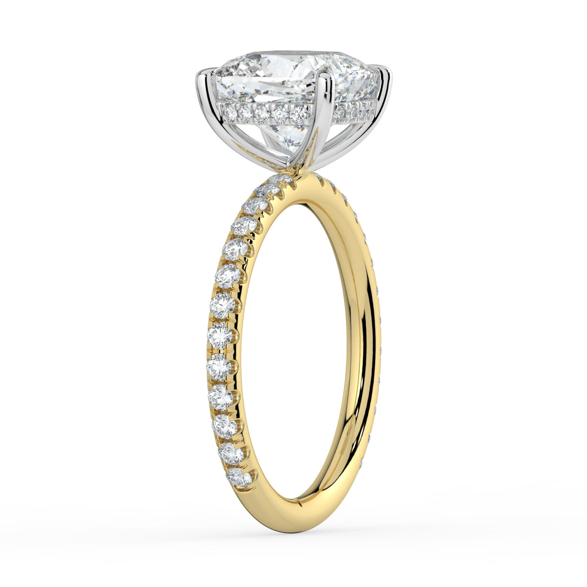 The Phoenix Ring — Cushion Solitaire with Hidden Halo & Pavé Band Lab-Grown Diamond Engagement Ring in Two-Tone Yellow and White Gold | The Jewel Concierge