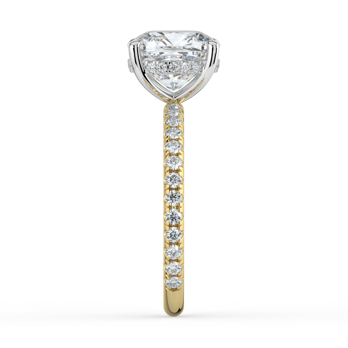 The Phoenix Ring — Cushion Solitaire with Hidden Halo & Pavé Band Lab-Grown Diamond Engagement Ring in Two-Tone Yellow and White Gold | The Jewel Concierge