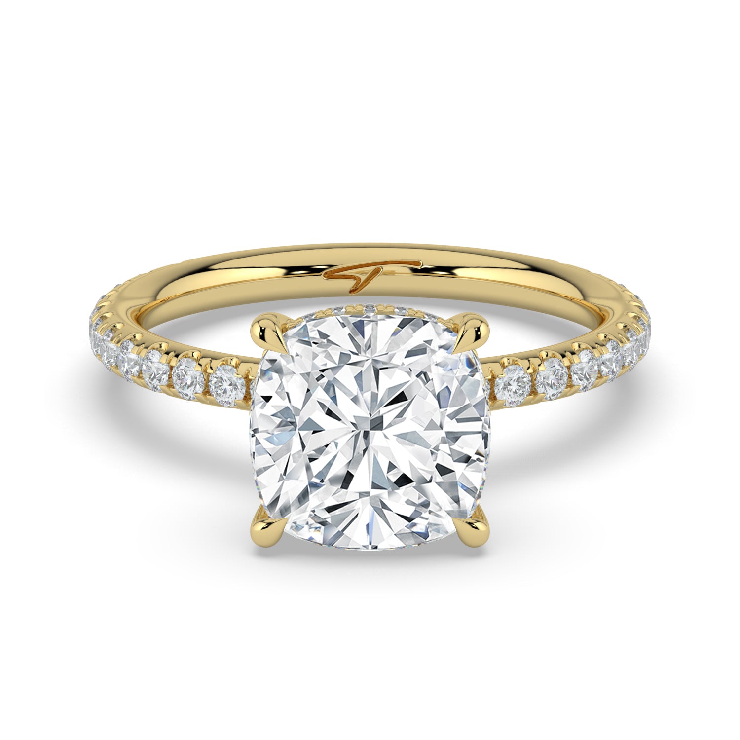 The Phoenix Ring - Cushion Solitaire with Hidden Halo & Pavé Band
