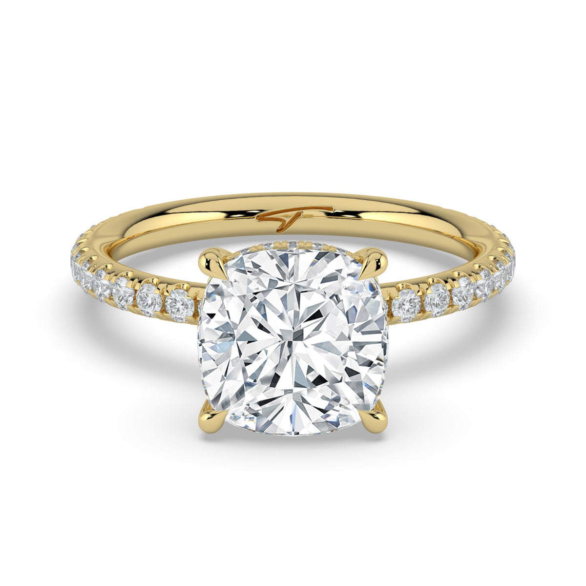 The Phoenix Ring — Cushion Solitaire with Hidden Halo & Pavé Band Lab-Grown Diamond Engagement Ring in Yellow Gold | The Jewel Concierge