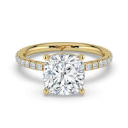 The Phoenix Ring — Cushion Solitaire with Hidden Halo & Pavé Band Lab-Grown Diamond Engagement Ring in Yellow Gold | The Jewel Concierge
