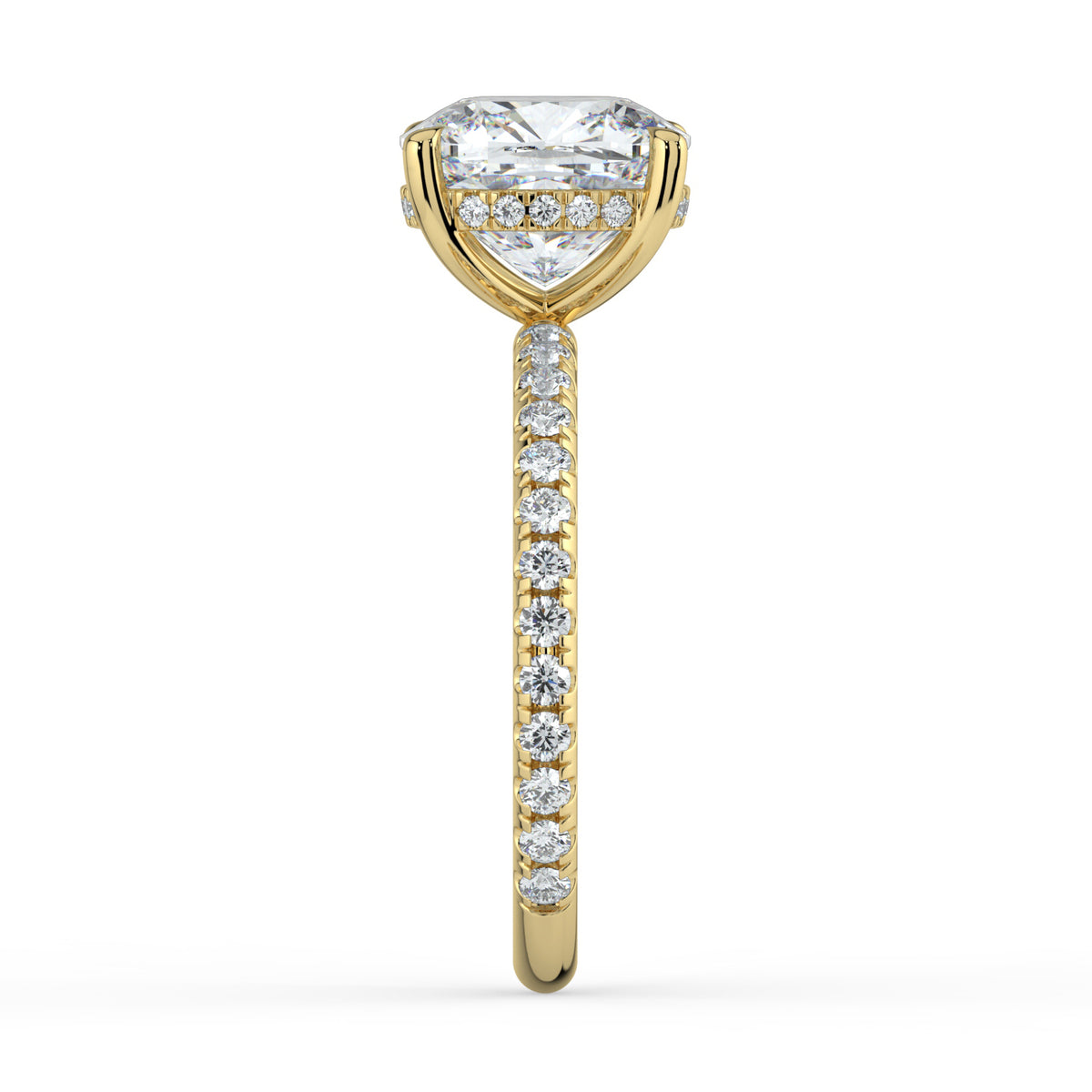 The Phoenix Ring — Cushion Solitaire with Hidden Halo & Pavé Band Lab-Grown Diamond Engagement Ring in Yellow Gold | The Jewel Concierge