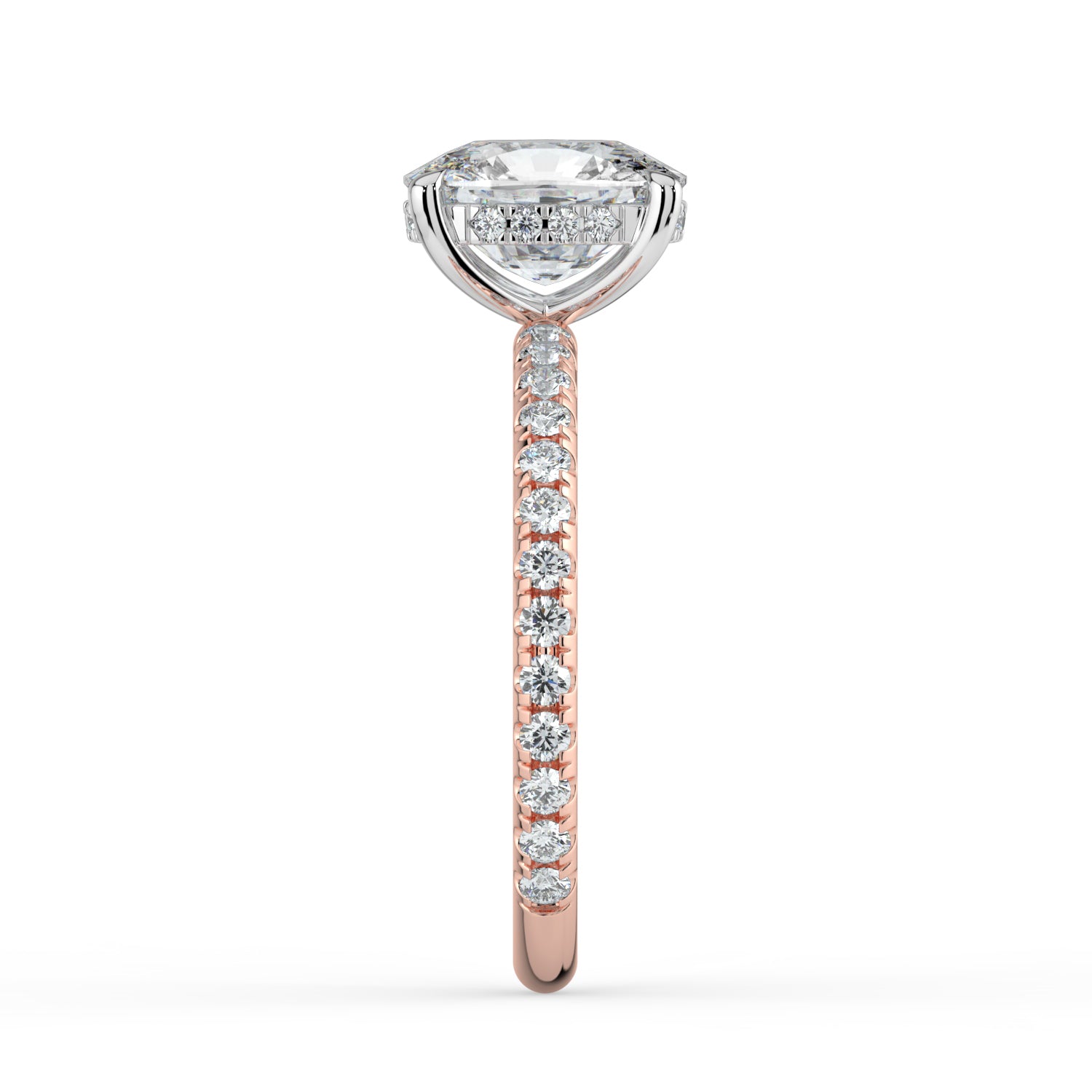 The Phoenix Ring — Elongated Cushion Solitaire with Hidden Halo & Pavé Band Lab-Grown Diamond Engagement Ring in Two-Tone Rose and White Gold | The Jewel Concierge