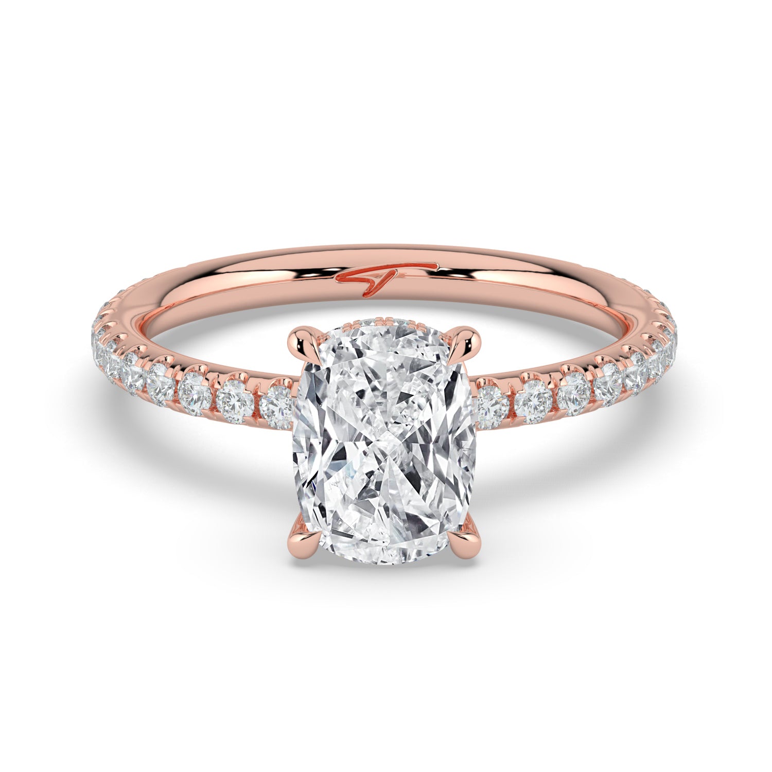 The Phoenix Ring — Elongated Cushion Solitaire with Hidden Halo & Pavé Band Lab-Grown Diamond Engagement Ring in Rose Gold | The Jewel Concierge
