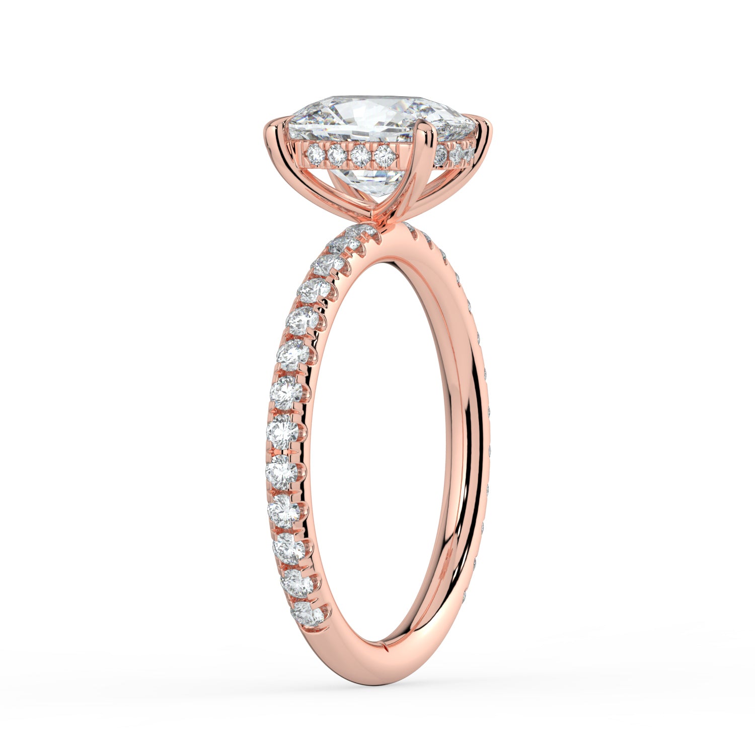 The Phoenix Ring — Elongated Cushion Solitaire with Hidden Halo & Pavé Band Lab-Grown Diamond Engagement Ring in Rose Gold | The Jewel Concierge