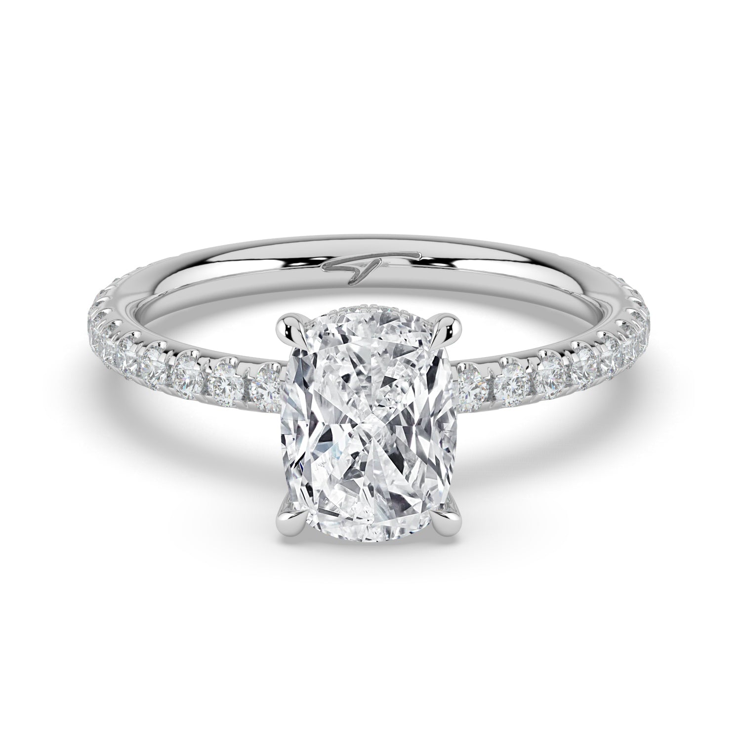 The Phoenix Ring — Elongated Cushion Solitaire with Hidden Halo & Pavé Band Lab-Grown Diamond Engagement Ring in White Gold | The Jewel Concierge