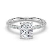The Phoenix Ring — Elongated Cushion Solitaire with Hidden Halo & Pavé Band Lab-Grown Diamond Engagement Ring in White Gold | The Jewel Concierge