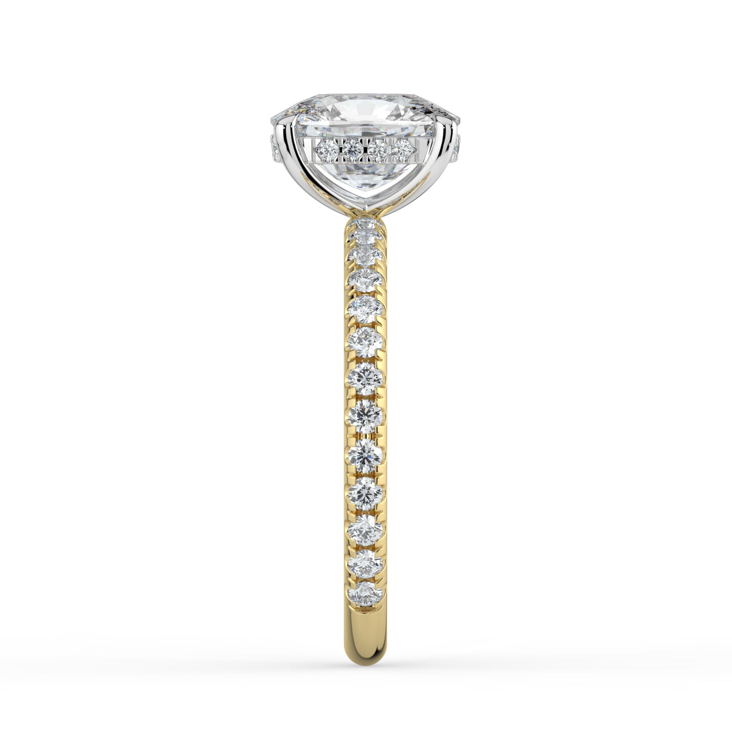 The Phoenix Ring — Elongated Cushion Solitaire with Hidden Halo & Pavé Band Lab-Grown Diamond Engagement Ring in Two-Tone Yellow and White Gold | The Jewel Concierge