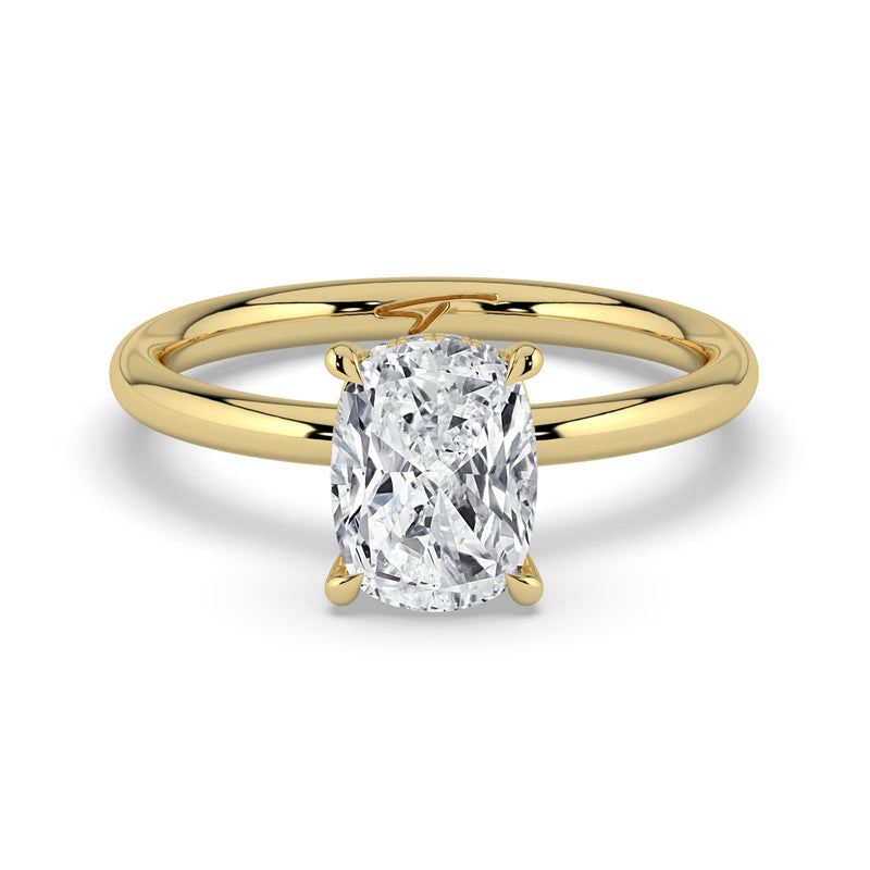 The Celeste Ring – Elongated Cushion Solitaire with Hidden Halo in 14K Yellow Gold – The Jewel Concierge